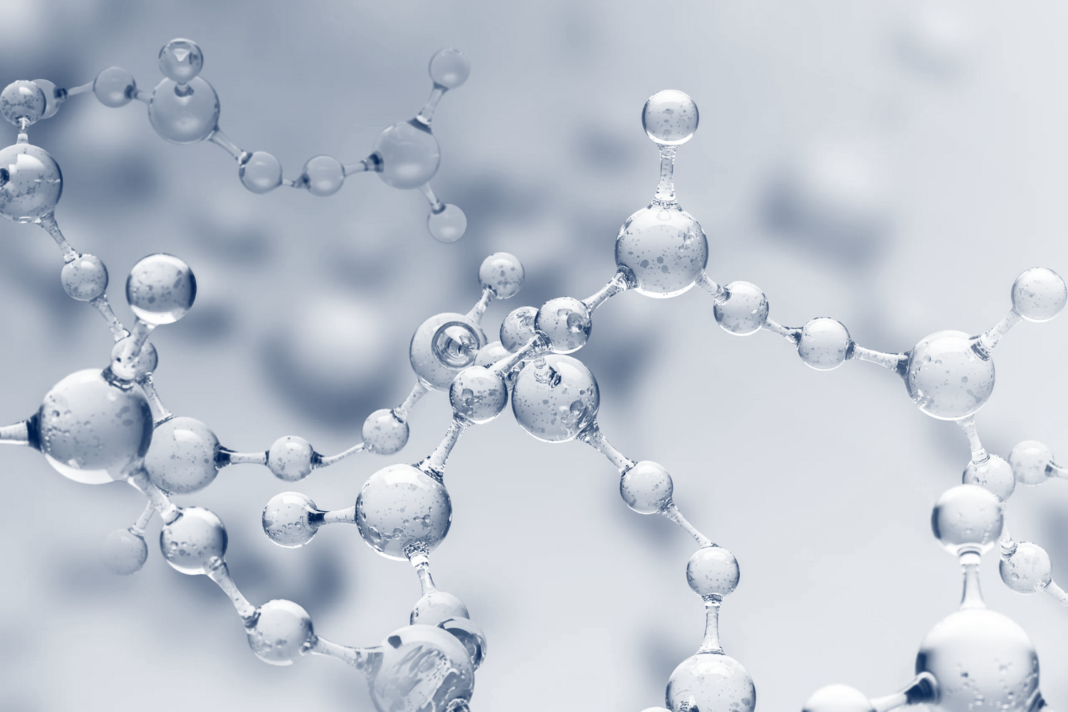 liquid molecules on grey background representing long chain hyaluronic acid